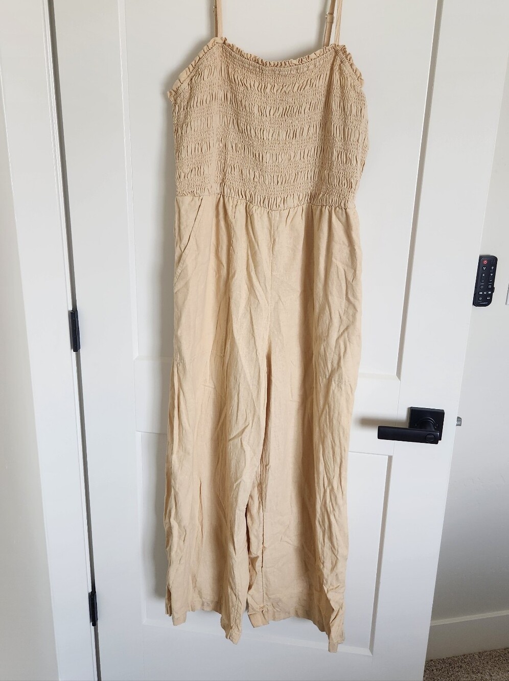 Smocked Linen Maxi Jumpsuit - Tan L